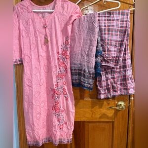 Pink Floral Embroidered Kurta with Plazzo Pants